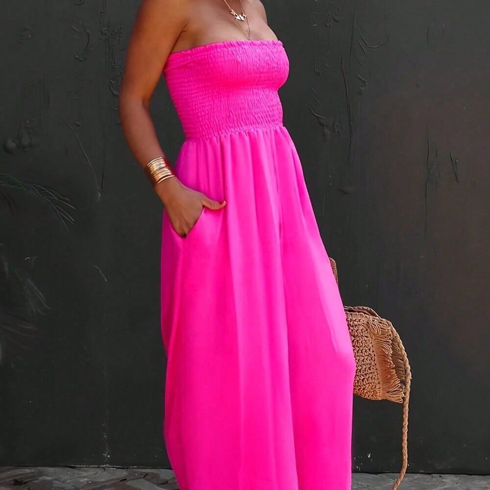 Hot Pink Boho Women's Strapless Smocked Wide Leg Jumpsuit